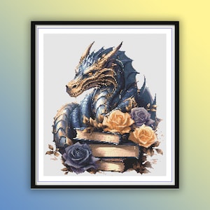 Aquarell magischer Drache und alte Bücher Kreuzstich PDF Muster, Handstickerei, moderne Kreuzstichvorlage
