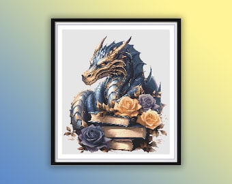 Enchanting Watercolor Dragon with Ancient Books Cross Stitch Pattern - PDF Embroidery Chart