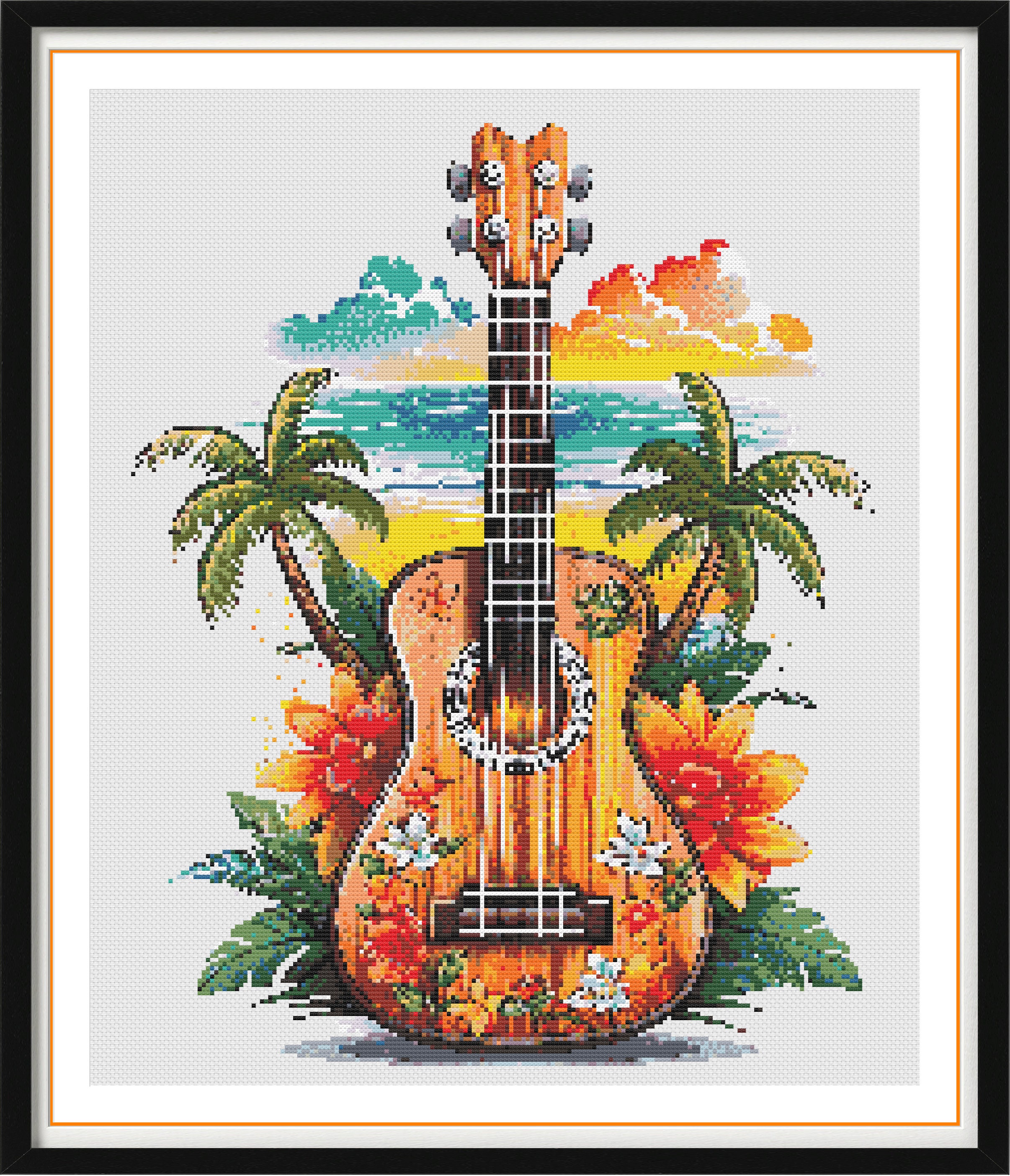 Hawaiian Ukulele Landscape Cross Stitch Pattern: Tropical Beach