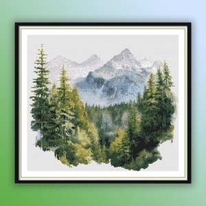 Aquarell Kiefernwald und Berge Kreuzstich PDF Muster, Regenwald Landschaft, Herbstwald, Handstickerei