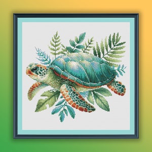 May include: A green sea turtle with an orange shell surrounded by green leaves. The turtle is swimming to the right.