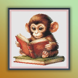 Watercolor Baby Monkey Reading Book Counted Cross Stitch PDF Pattern, Wild Safari Animals, Modern Cross Stitch Chart, Hand Embroidery