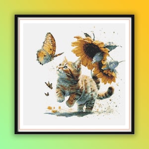 Charming Watercolor Cat with Sunflowers Counted Cross Stitch Pattern - Modern Embroidery PDF Download