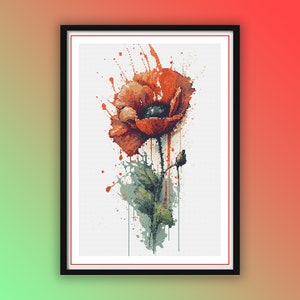 Watercolor Red Poppy Counted Cross Stitch PDF Pattern, Bouquet Cross Stitch, Flower Arrangement, Modern Cross Stitch, Hand Embroidery