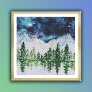 Aquarell Wald Nacht Landschaft Kreuzstich PDF Muster, Pinien, See, Berge, Stickerei, Nadelspitze, Winterlandschaft