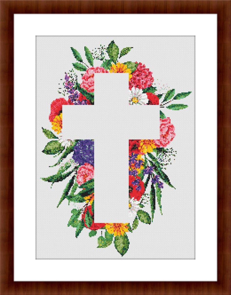 Floral Christian Cross Embroidery Pattern: Easter Religious Needlework ...