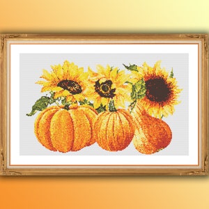 Patrón de punto de cruz contado en PDF de girasoles y calabazas otoñales, patrón de punto de cruz de cosecha de Hola otoño, patrón floral en PDF