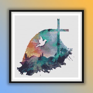 May include: A white dove flies over a watercolour landscape with a cross in the foreground. The landscape is a mix of green, blue, and purple hues.