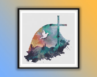 Watercolor Christian Cross & Dove Counted Stitch Pattern: Religious Embroidery Design PDF