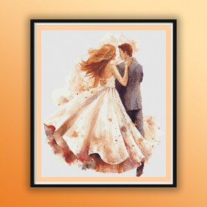 May include: A watercolor painting of a couple dancing. The woman is wearing a white dress and the man is wearing a gray suit. The painting is set against a white background with splashes of color.