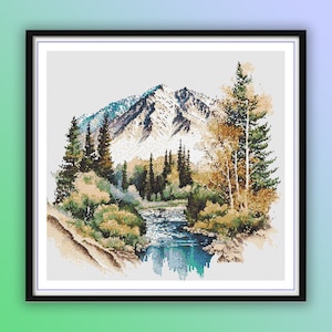 Aquarell Fluss und Berge Landschaft Kreuzstich PDF Muster, moderne Kreuzstichvorlage, Handstickerei