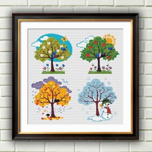 Four Seasons Landscape Cross Stitch Pattern: Spring, Summer, Autumn, Winter Trees PDF Download
