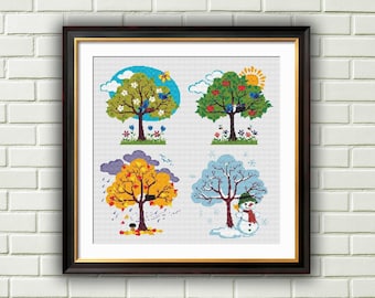 Four Seasons Landscape Cross Stitch Pattern: Spring, Summer, Autumn, Winter Trees PDF Download