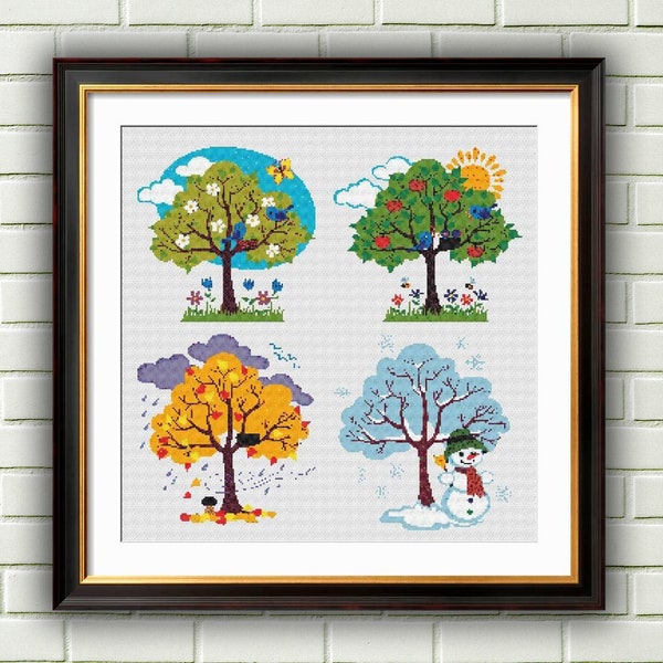 Four Season Trees Counted Cross Stitch PDF Pattern, Spring, Summer, Autumn, Winter Trees Cross Stitch Pattern, Seasonal Landscapes Pattern