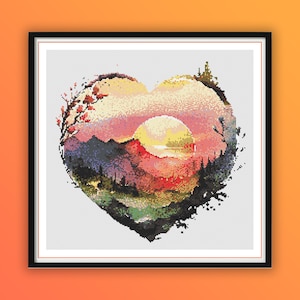 Watercolor Mountain Sunset Landscape Cross Stitch Pattern: Pine Forest Embroidery PDF Chart