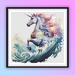 Modèle de point de croix aquarelle magique licorne océanique : broderie moderne PDF pour travaux d'aiguille comptés