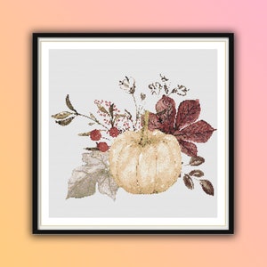 Watercolor Pumpkin Cross Stitch Pattern: Farmhouse Autumn Landscape (PDF Pattern)