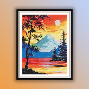 Herbst Sonnenuntergang und Berge Landschaft Kreuzstich PDF Muster, Herbst Landschaft, See und Berge Landschaft, Handstickerei Karte