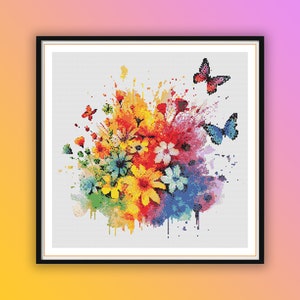 Watercolor Rainbow Flowers and Butterflies Counted Cross Stitch PDF Pattern, Spring Flowers, Hand Embroidery, Modern Cross Stitch Chart