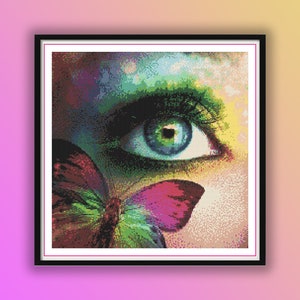 Vibrant Butterfly and Woman's Eye Cross Stitch Pattern: Colorful Embroidery Chart PDF Download