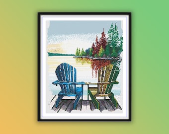 Romantic Lakeside Chairs Watercolor Cross Stitch Pattern - Valentine's Day Landscape Embroidery PDF