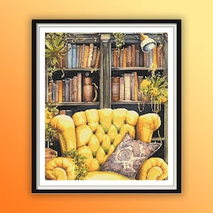 Victorian Library Watercolor Cross Stitch Pattern: Vintage Books Embroidery Chart PDF Download