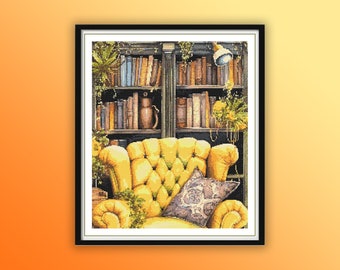 Watercolor Victorian Bookworm Library Counted Cross Stitch PDF Pattern, Vintage Books, Modern Cross Stitch Chart, Hand Embroidery