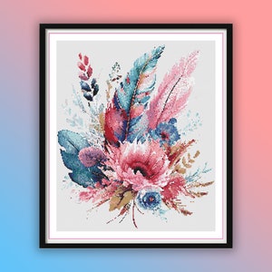 Watercolor Pink and Blue Flowers Counted Cross Stitch PDF Pattern, Wedding Bouquet, Flower Arrangement, Modern Cross Stitch, Hand Embroidery