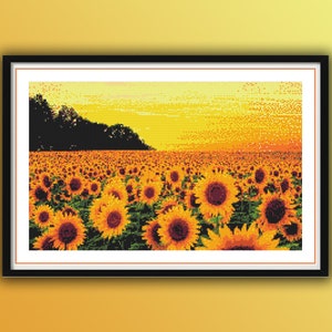 Patrón de punto de cruz contado en PDF de campo de girasoles y puesta de sol, punto de cruz de cosecha, bordado a mano de Acción de Gracias, bordado con aguja