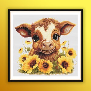 Watercolor Calf with Sunflowers Cross Stitch Pattern (PDF Pattern)