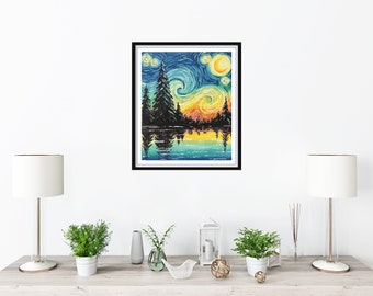 水彩画「星空の夜」森の湖クロスステッチパターン：ゴッホ風風景画 PDF