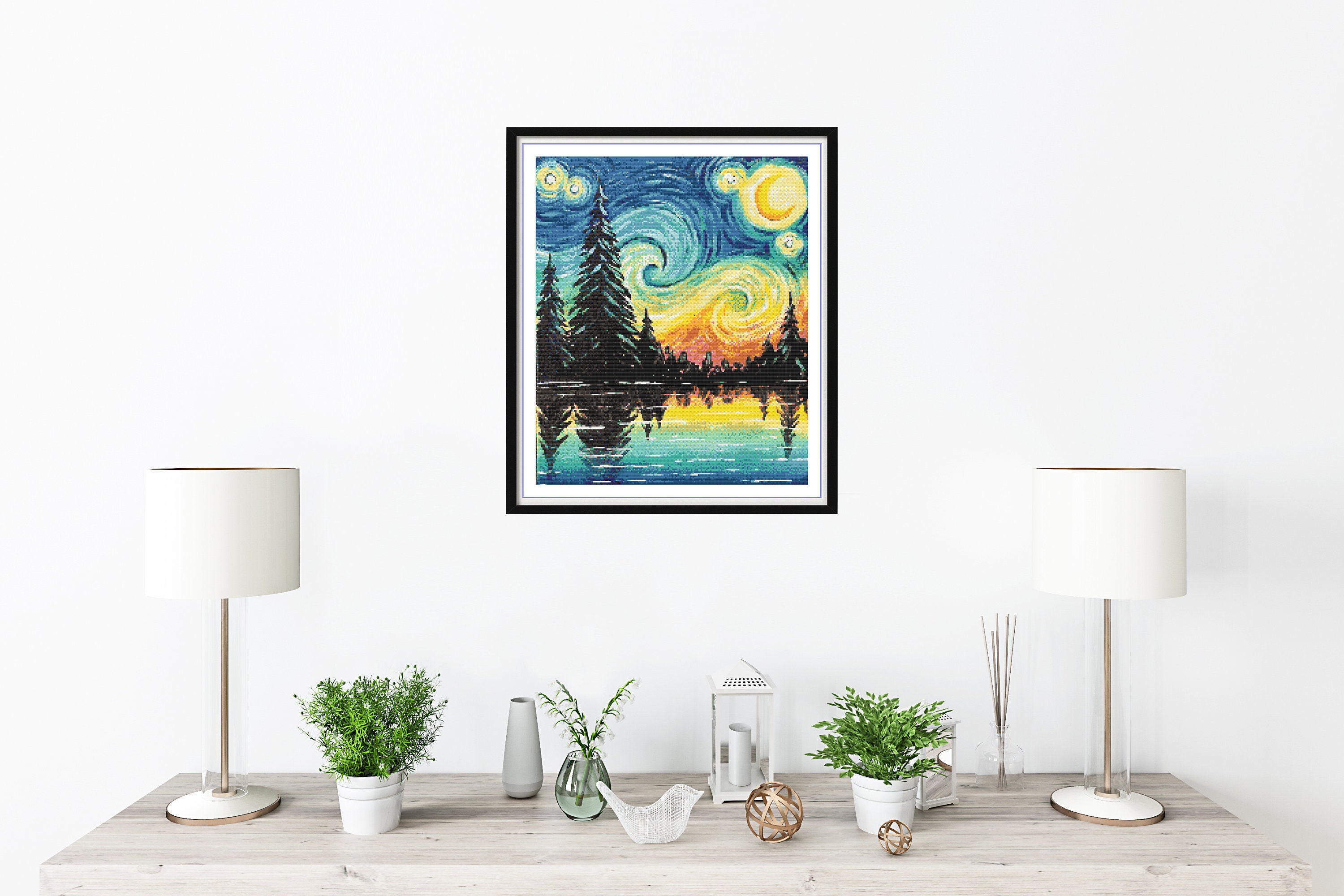 水彩画「星空の夜」森の湖クロスステッチパターン：ゴッホ風風景画 PDF