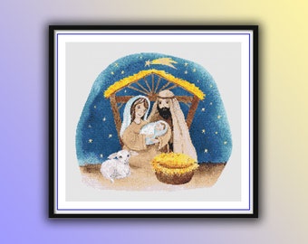 May include: A watercolor painting of the nativity scene with Mary, Joseph, and baby Jesus in a manger. A star shines brightly in the night sky above them.
