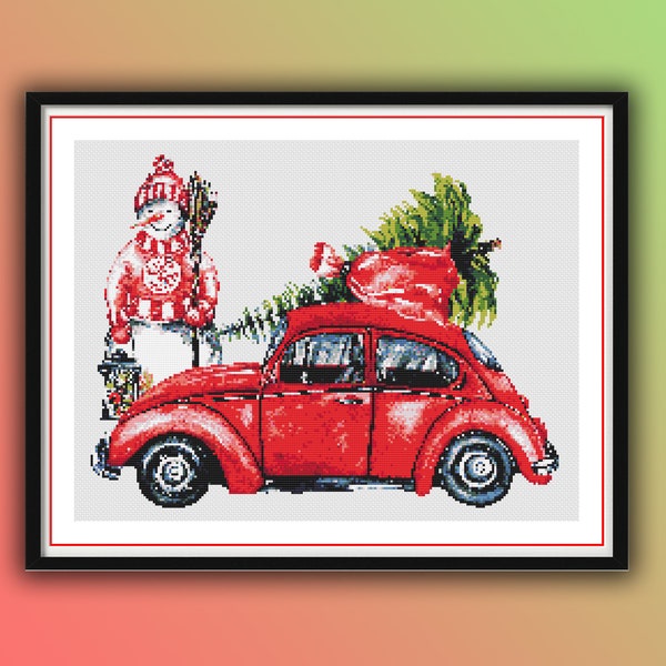 Watercolor Christmas Vintage Red Car and Snowman Counted Cross Stitch PDF Pattern, Christmas Tree, Hand Embroidery, Needlepoint Chart