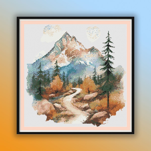 Watercolor Pine Forest and Mountains Counted Cross Stitch PDF Pattern, Rainforest Landscape, Autumn Forest, Hand Embroidery