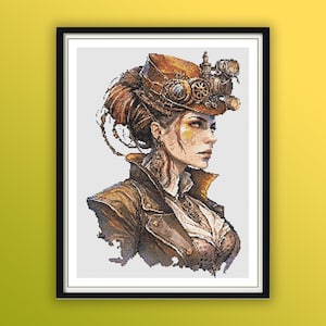 Watercolor Steampunk Lady Counted Cross Stitch PDF Pattern, Modern Cross Stitch Chart, Hand Embroidery