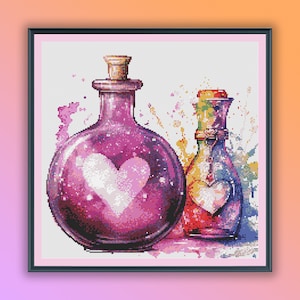 May include: Two glass bottles with heart-shaped stoppers. The larger bottle is filled with a pink liquid and sparkles, while the smaller bottle is filled with a red liquid. Both bottles have a watercolor-like background.