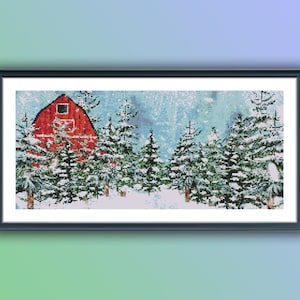 Winter Pine Forest Watercolor Cross Stitch Pattern: Snowy Landscape Needlepoint Chart PDF