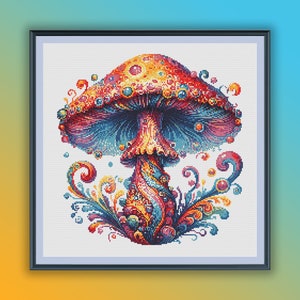 May include: A colorful psychedelic mushroom with swirling patterns and a red, orange, yellow, blue, and green color scheme.