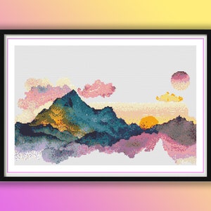 Aquarel bergen zonsondergang landschap geteld kruissteek pdf-patroon, dennenbos, zomerzonsondergang, handborduurwerk, borduren, borduren