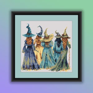 Geteld kruissteek PDF-patroon, aquarel middeleeuwse Halloween-heksen, moderne kruissteekkaart, handborduurwerk
