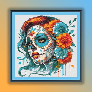 Aquarel La Catrina getelde kruissteek pdf-patroon, dag van de dode vrouw, vrouw Dia de los Muertos, moderne kruissteekkaart
