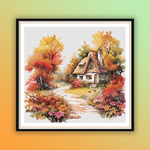 May include: A quaint cottage with a thatched roof sits nestled in a forest of autumn trees. The trees are ablaze with vibrant hues of red, orange, and yellow. A stone path leads up to the cottage, inviting visitors to explore.