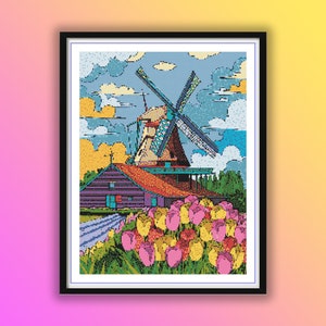 Aquarel lente velden en windmolens getelde kruissteek pdf-patroon, tulpentuin, lentelandschap, handborduurwerk