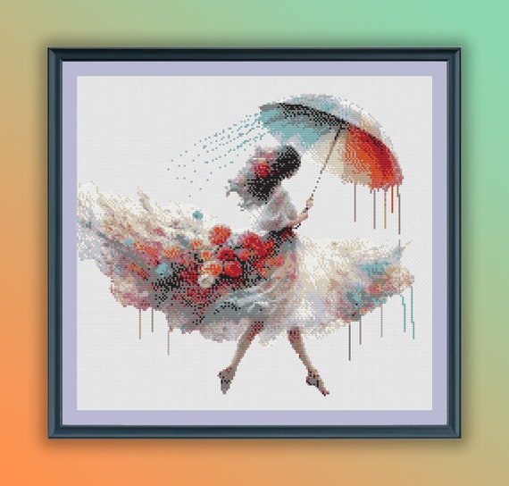 水彩画の踊る少女のクロスステッチパターン - 雨の日の傘の刺繍PDF