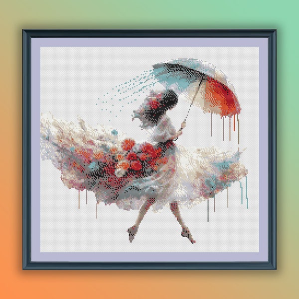 Watercolor Dancing in The Rain Counted Cross Stitch PDF Pattern, Girl with Umbrella, Modern Cross Stitch Chart, Hand Embroidery