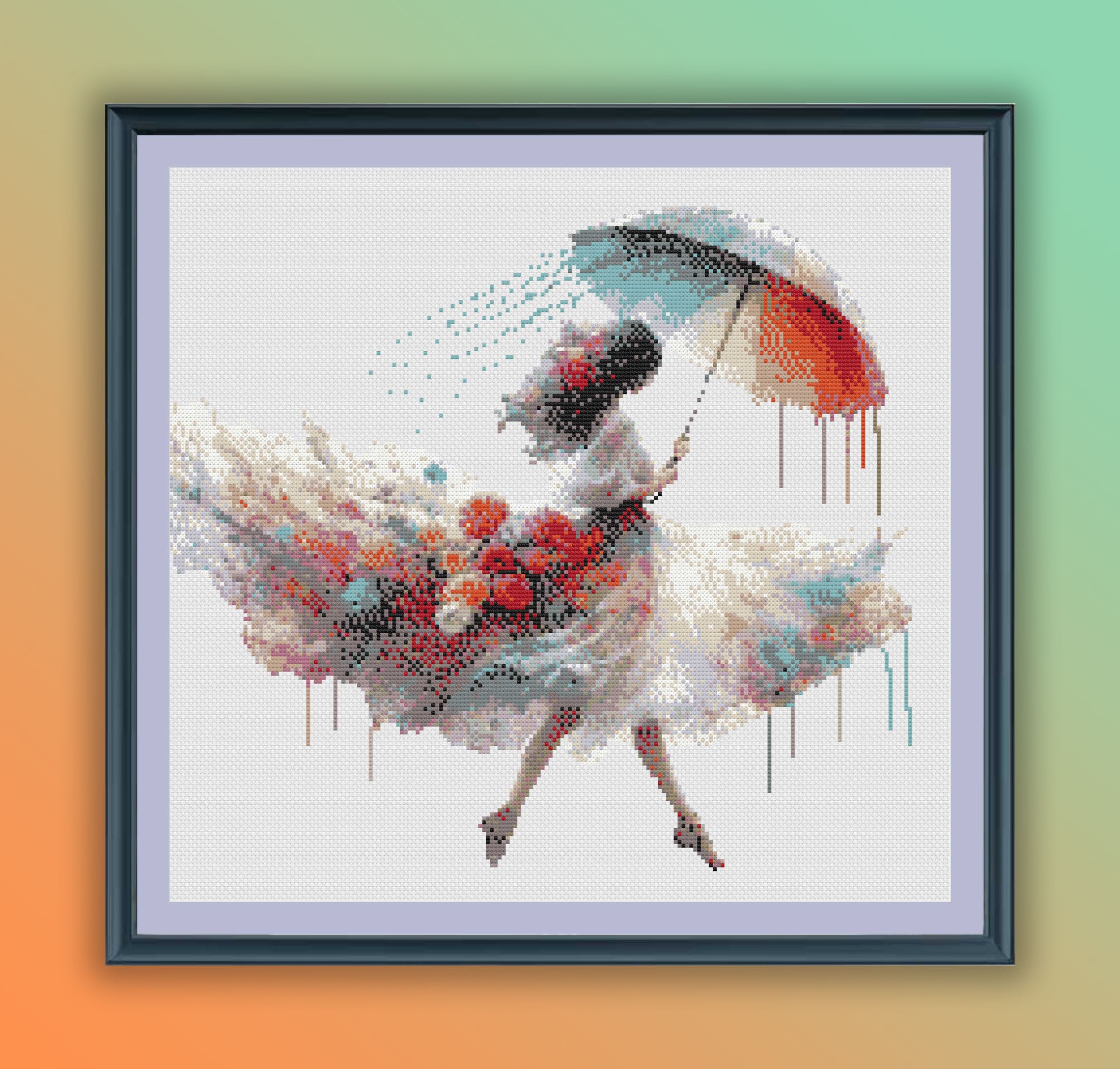 水彩画の踊る少女のクロスステッチパターン - 雨の日の傘の刺繍PDF