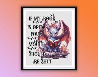 Whimsical Watercolor Dragon Reading Book Cross Stitch Pattern - Bookish Embroidery Chart PDF
