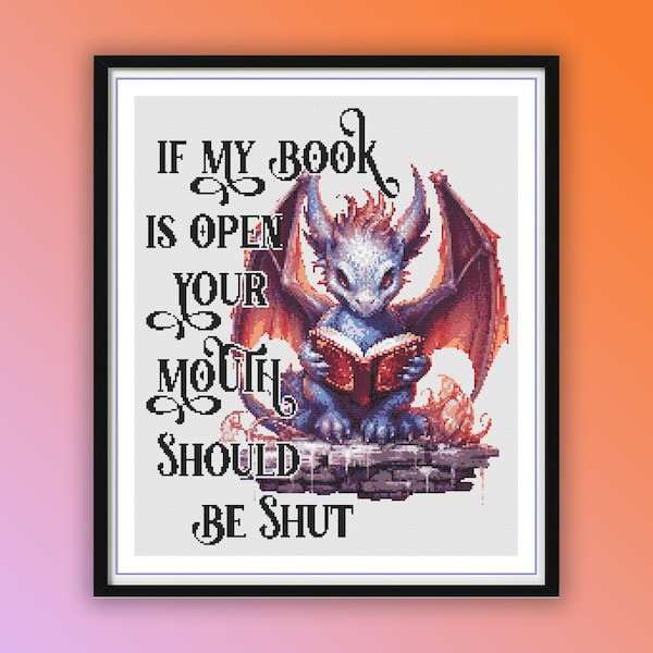 Whimsical Watercolor Dragon Reading Book Cross Stitch Pattern - Bookish Embroidery Chart PDF