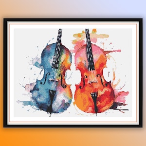 May include: Two watercolor cellos, one blue and one orange, with splashes of color around them.